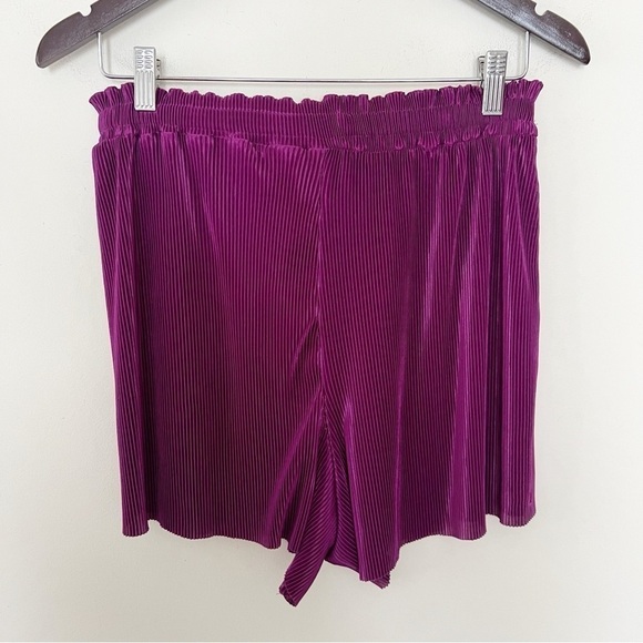 Zara Purple Ribbed Pull on Ruffle Elastic Waist Shorts Size Large Shiny Stretch - Picture 2 of 8